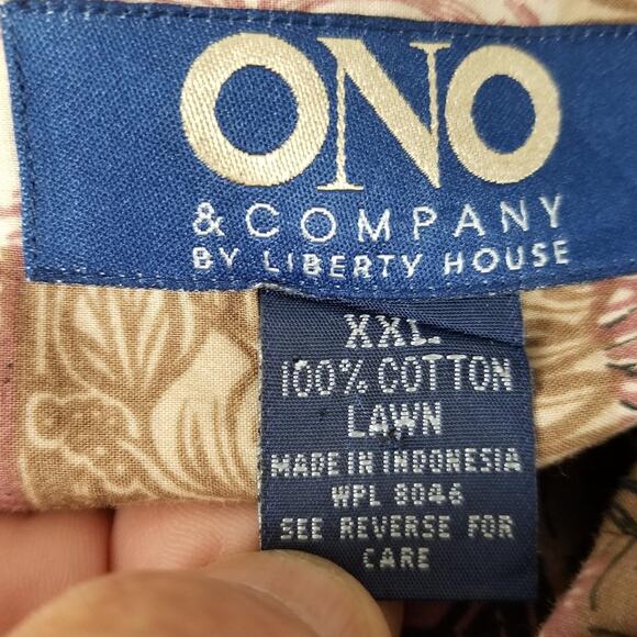 ONO & Company Shirt Mens 2XL Brown Pink Hawaiian Floral Print Cotton Lawn Summer - Picture 10 of 11